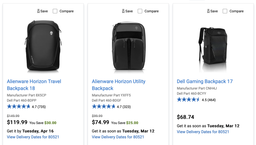 Screenshot of back packs on Dell site